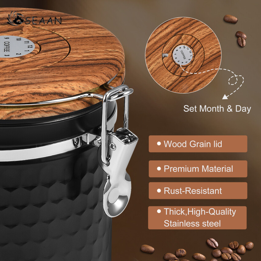 Airtight Coffee Canister With Vacuum Lid (Coffee Tea Container, Stainless Steel Storage Tin, Storage Jar Matte Black (1800ml))