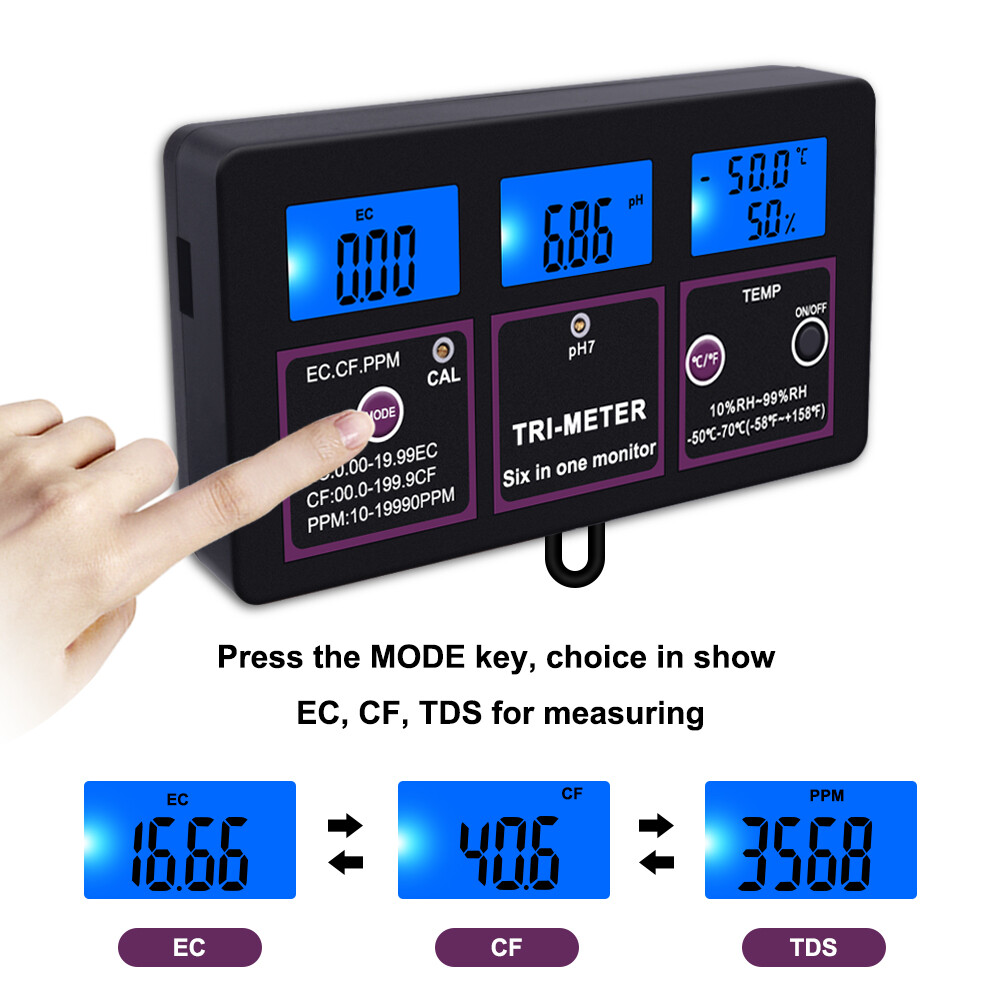 Yieryi Máy Kiểm Tra Chất Lượng Nước 6 Trong 1 Mới Máy Đo Độ PH, Bể Cá Đa Tham Số PH/Nhiệt Độ/EC/CF/RH/TDS