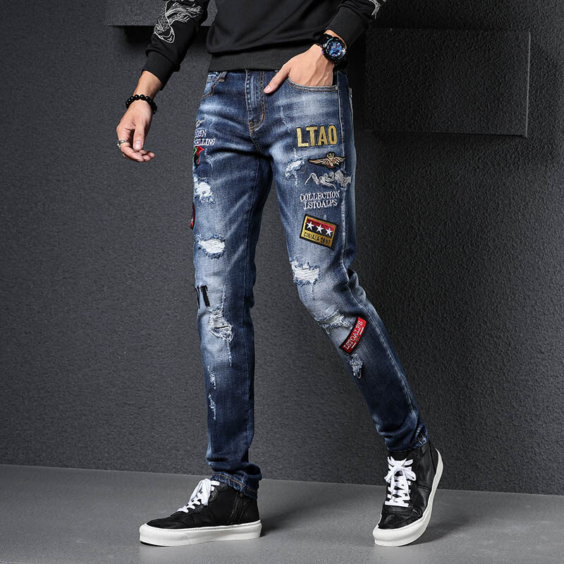 Men's Ripped Jeans Patches Embroidery 