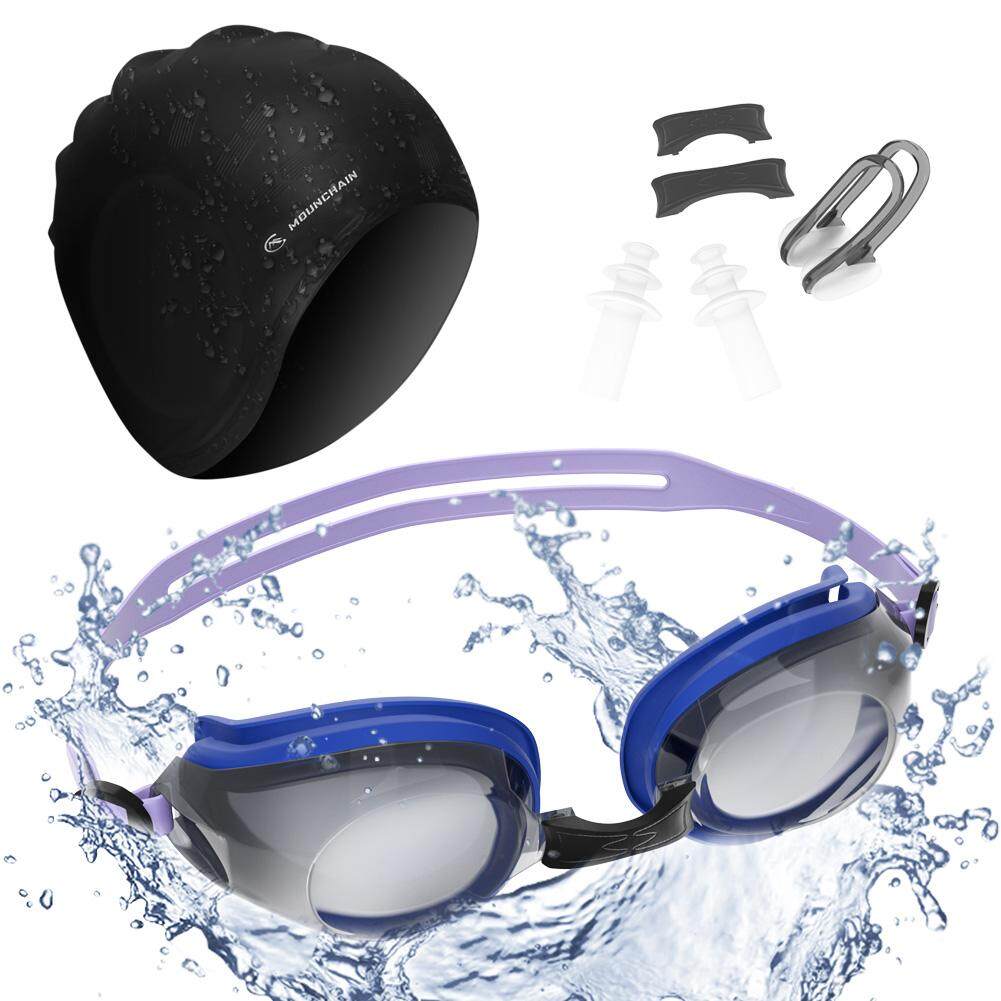 ขายดี [พร้อมสต็อก] MOUNCHAIN หมวกว่ายน้ำแว่นตาว่ายน้ำ,พรีเมี่ยมคุณภาพซิลิโคนหมวกว่ายน้ำและ Anti Fog แว่นตาป้องกันยูวีสำหรับผู้ใหญ่ (คลิปจมูกปลั๊กอุดหูชุดรวม) Cuffie Occhialini กระจกกรณี