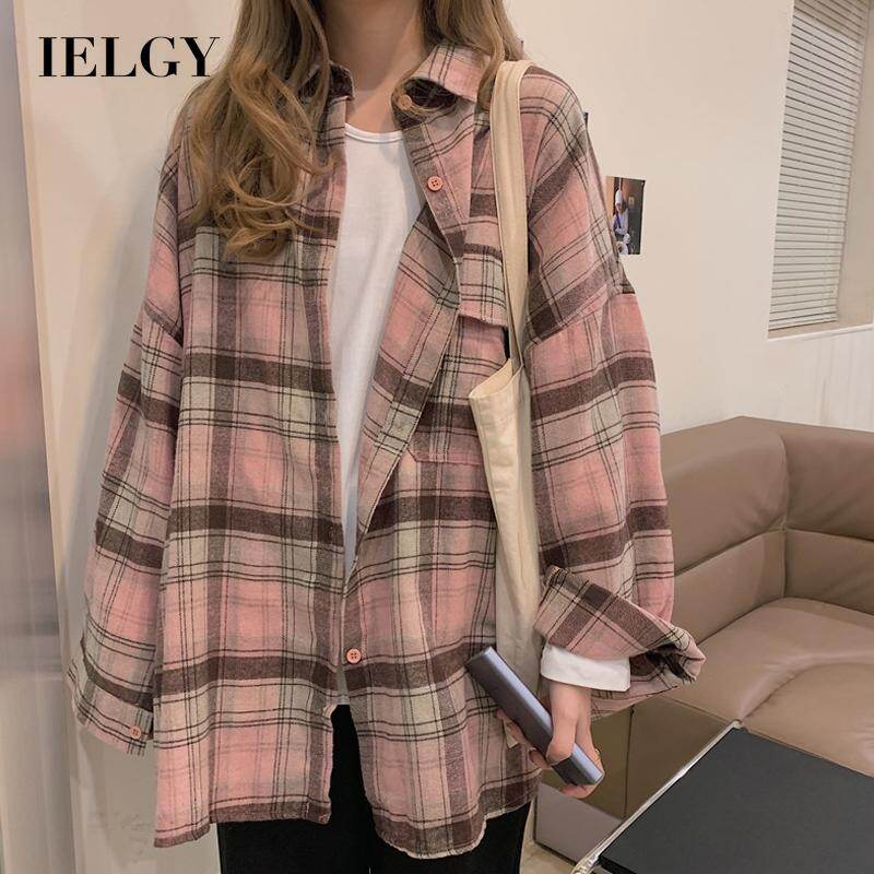 IELGY Women's shirts pink casual versatile loose plaid commuting fashionable long sleeves