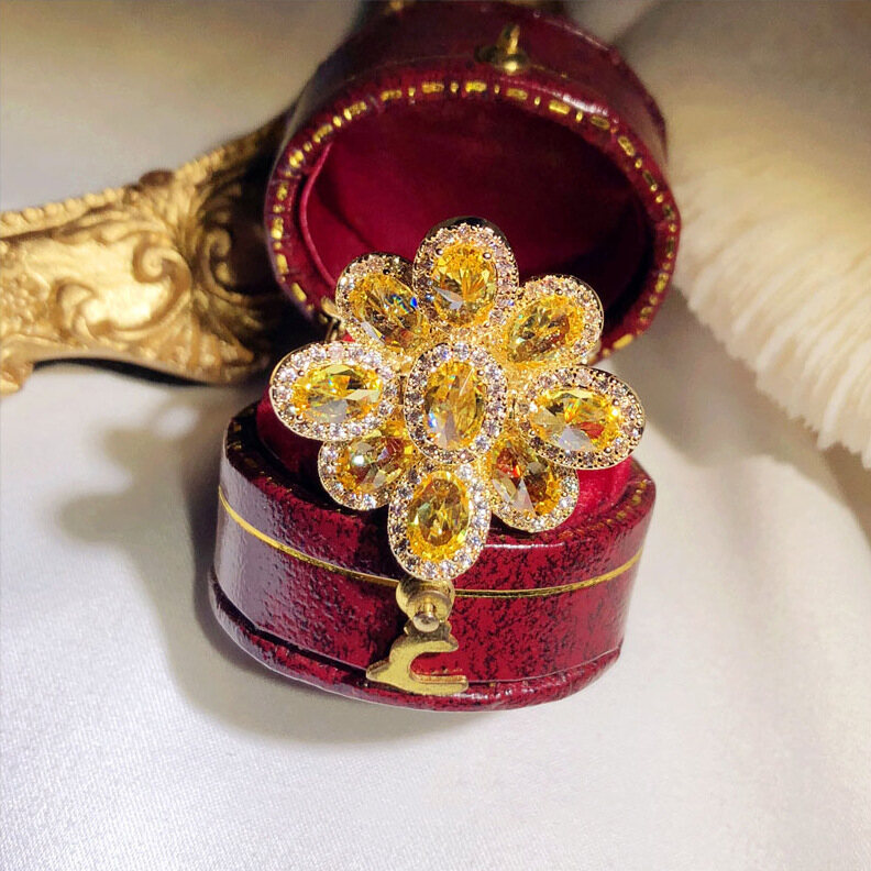 Trang Sức Nữ Cá Tính Ba Chiều Citrine Nhẫn Hoa Nhẫn Mở