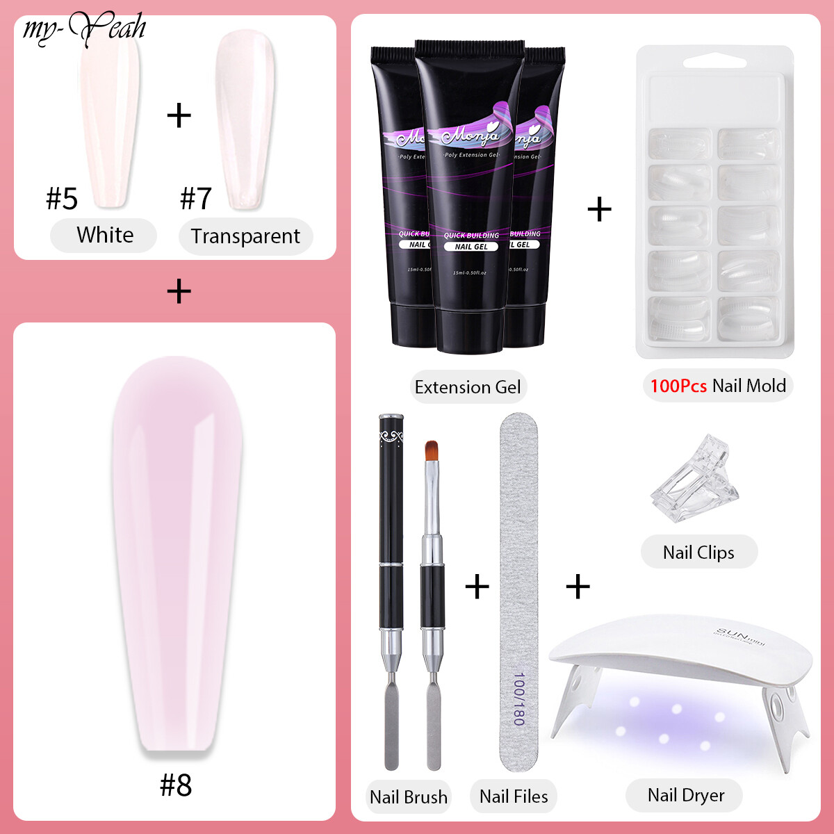 myyeah 8Pcs/Set Nail Art UV Builder Nail Quick Extension Nail French Nail Tip Form  Color UV Slice Brush Nail DIY Manicure Tool Set