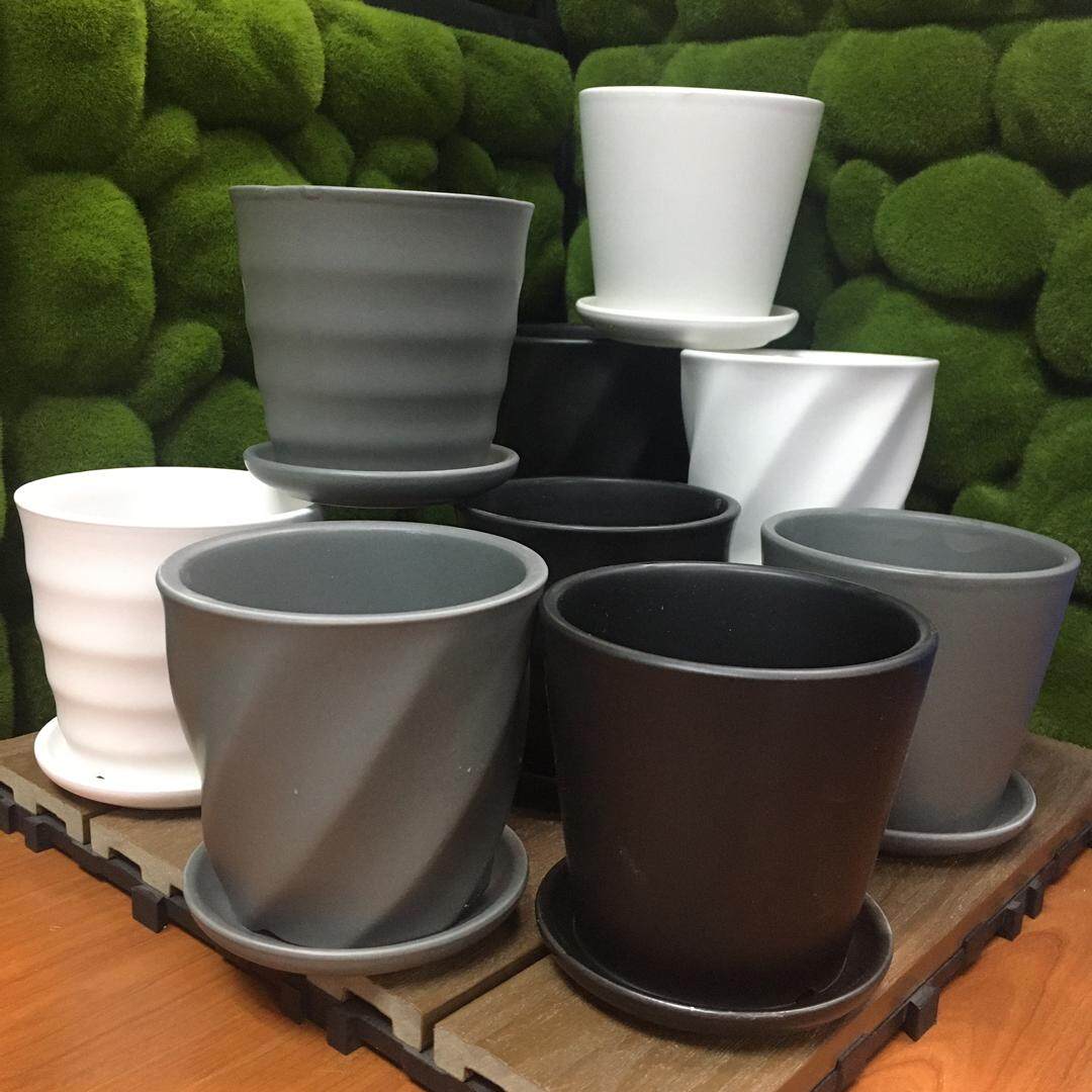 BJ Series 3 Design Ceramic Flower Pot with Tray small size combination