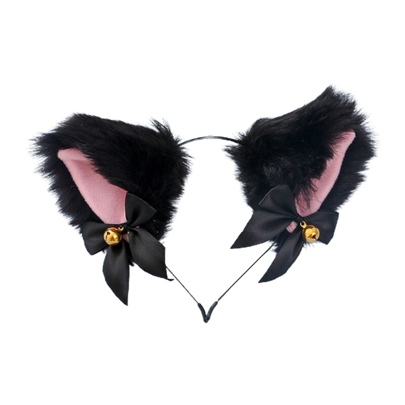 【Ready Stock】Women Sweet Lovely Anime Lolita Headband Cute Furry Plush Cat Ears Hair Hoop with Bowknot Small Bells Cosplay Headpiece