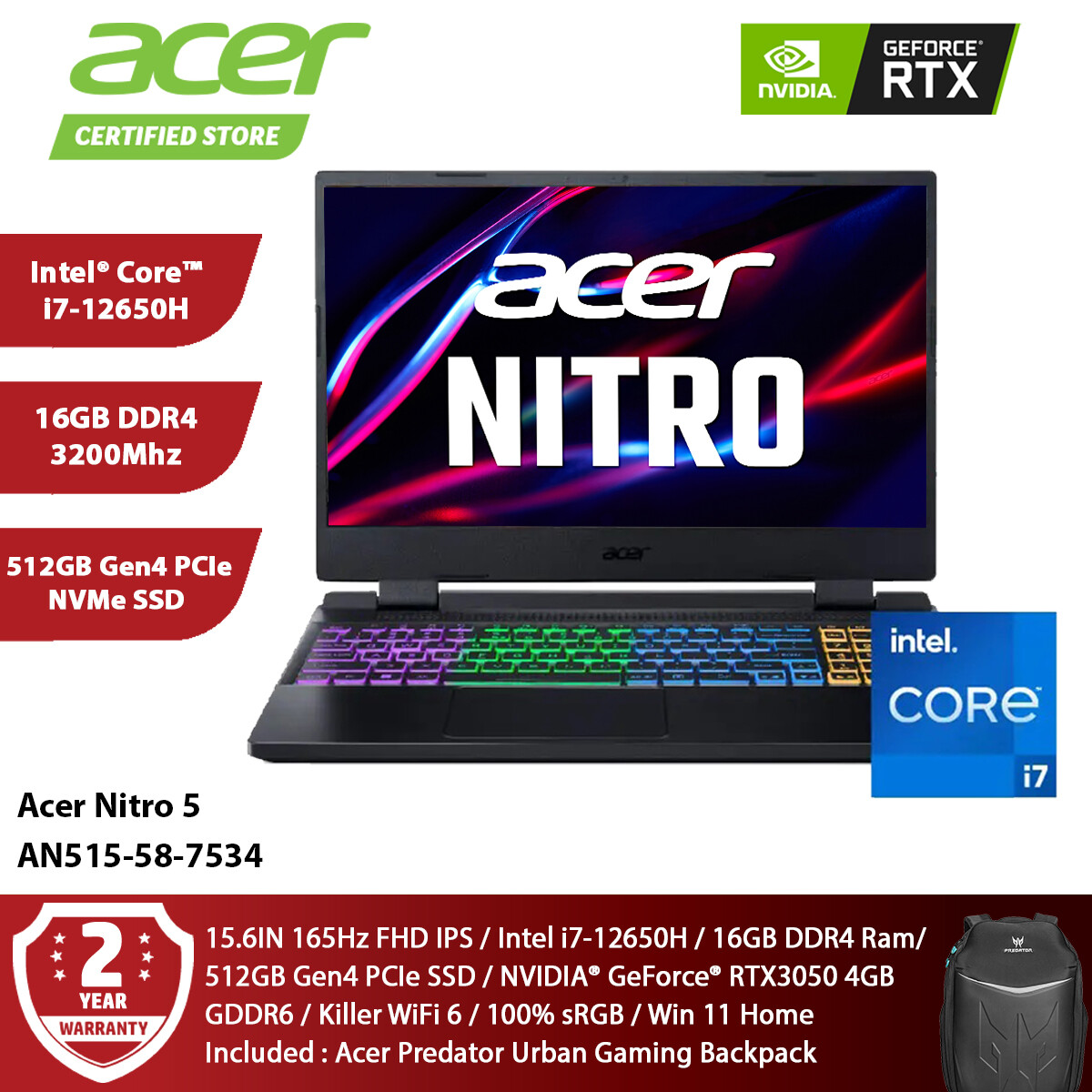 Acer Nitro AN515-58-7534 Black RGB Gaming Laptop