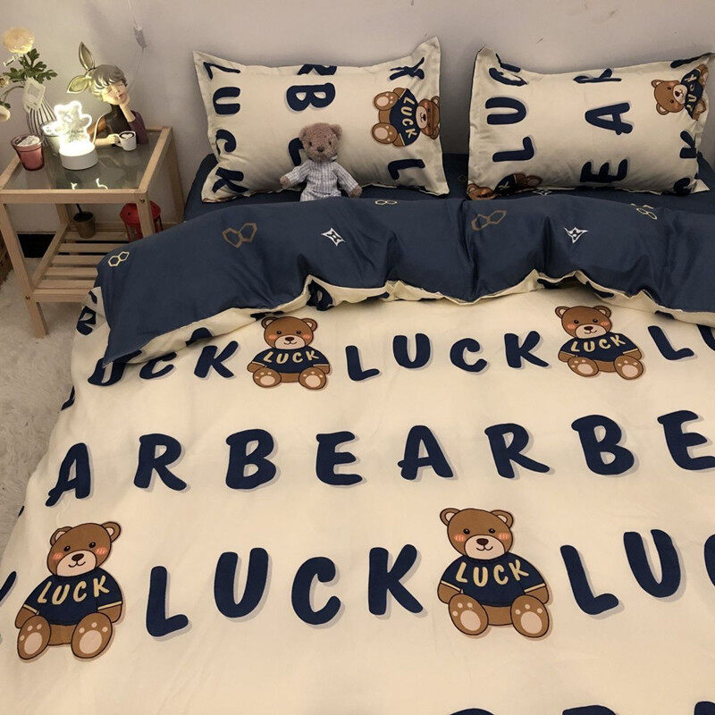 Cartoon 4 In1 Bedding Sets Kids Girls Comforter Quilt Bed Sheet Cover Flat Mattress Protector Flat Bedsheet Set with Pillowcases Single Queen King Size