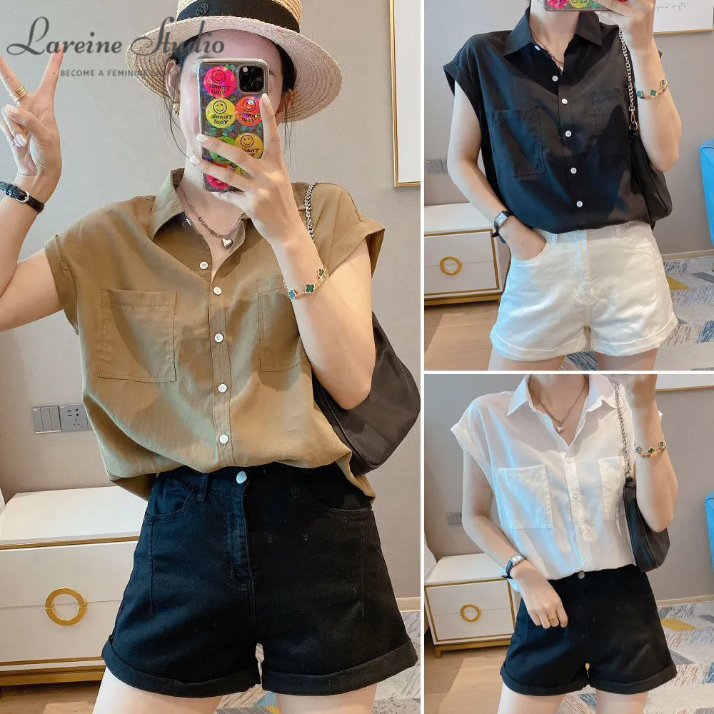 LAREINE Sơ Mi Nữ Hàn Quốc thường phong cách Ngắn Tay Áo Cổ LậT Chic màu trơn cỡ lỡn áo hàng đầu