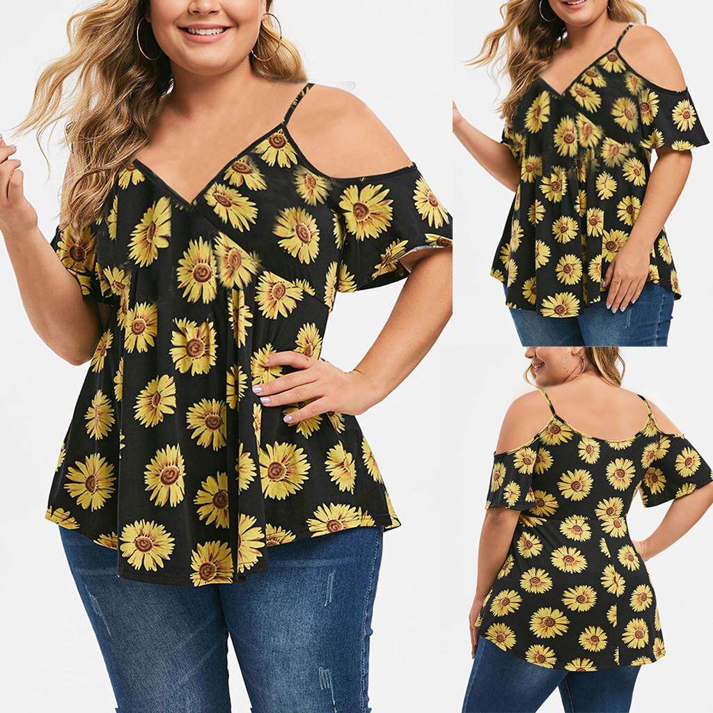 Ukuran Ukuran Besar Musim Panas Blus Wanita Plus Ukuran Kasual Leher V Bunga Cetak Sling Strapless T-shirt Top T baju Kaos Kemeja Tshirts untuk Wanita
