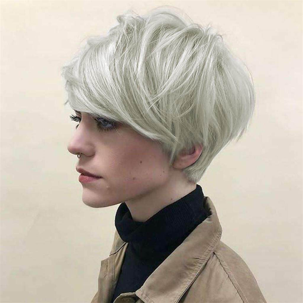 Bolehdeals 8 Length Short Human Hair Wigs Pixie Wigs For Women Human Hair Pixie Cut Full Straight Wig Hair With Side Parting Bangs Silver Gray Color Lazada Ph