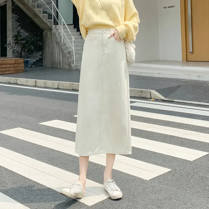 beige mid calf length skirts