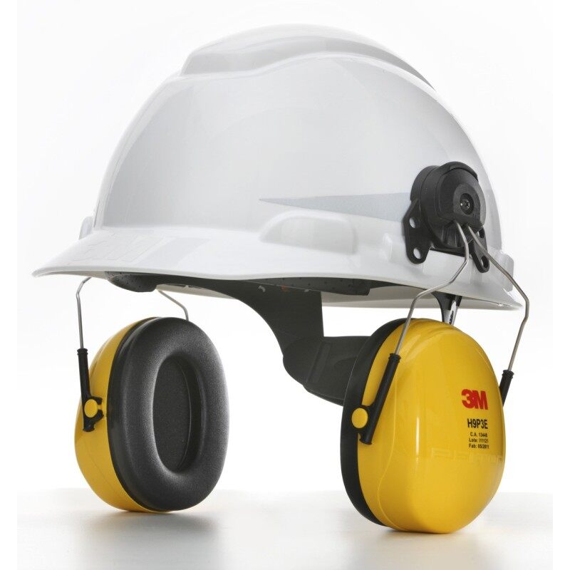 3M H-701R Hard Hat White; 4-Point PinLock + 3M H9P3E Helmet Attached Earmuff, Yellow