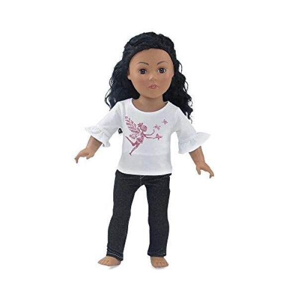 18 Inch Doll Clothes Black Stretch Skinny Jeans Outfit, Including 3/4 Length Sleeved T-Shirt with Pink Glitter Fairy Princess Print Fits American Girl Dolls - intl