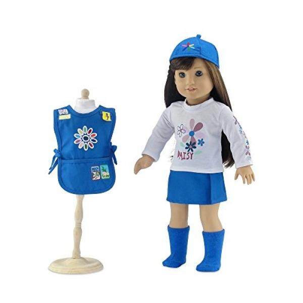 18 Inci Pakaian Boneka Daisy Pramuka-Pakaian Yang Terinspirasi, Termasuk Rok Biru, LS T-shirt Putih dengan Daisy Print biru Tunik dengan Patch Bordir, Topi Serasi dan Kaus Kaki Cocok Amerika Boneka Anak Perempuan-Intl