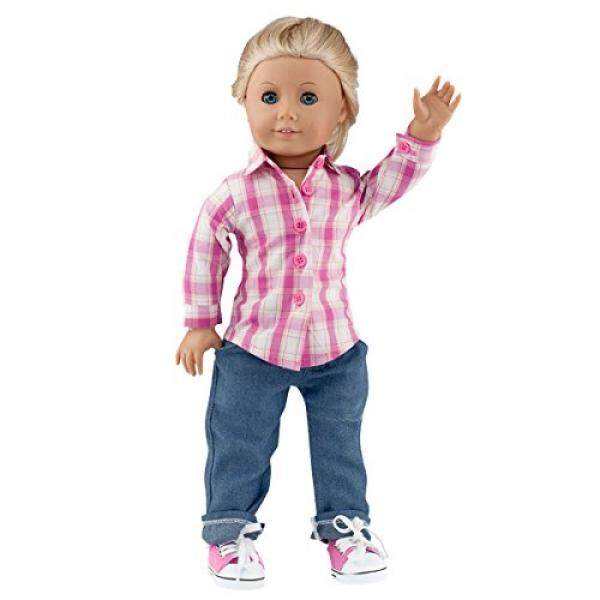 18 Inch Doll Clothing Multi-color Plaid button-down Shirt & Crop Doll Light Jeans, Tennis shoes included-Set Fits American Girl Dolls & More! - intl