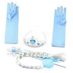 4 Pcs Permainan Kostum Natal Halloween Kostum Aksesori Pesta Kit Beku Putri Elsa Tiara Kepingan Salju Wand Rambut Kepang Potongan Sarung Tangan Biru Set Kado