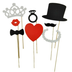 8 Pcs DIY Stan Foto Alat Peraga Kumis Bibir Cincin Jantung Mahkota Tongkat Dekorasi Pesta Multi