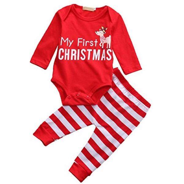 Adoy Adoy Kids Unisex Xmas Set Piyama Kaos + Celana + Topi Baju Tidur (70 (6-12Months), merah Celana Kodok)-Intl