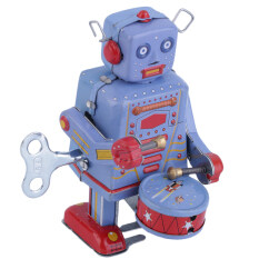 Allwin Logam Vintage Tin Drum Biru Robot Mesin Jam Angin Tin Koleksi Mainan