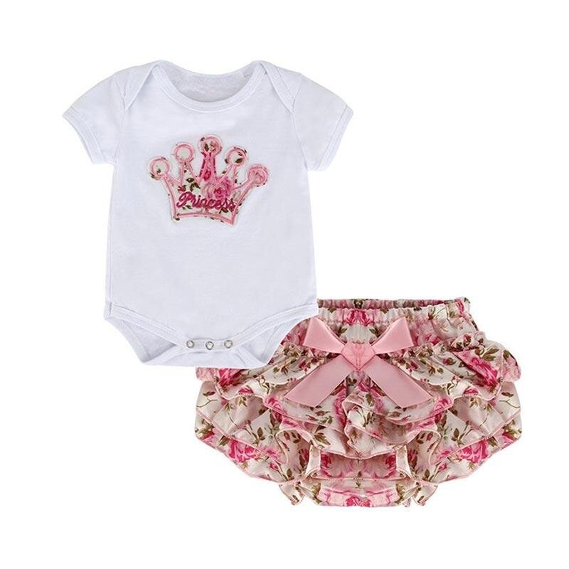 B-F Fashion Summer Girl 2 Piece Set Romper Short Sleeve Crown Printed Baby Jumpsuit Floral Skirt