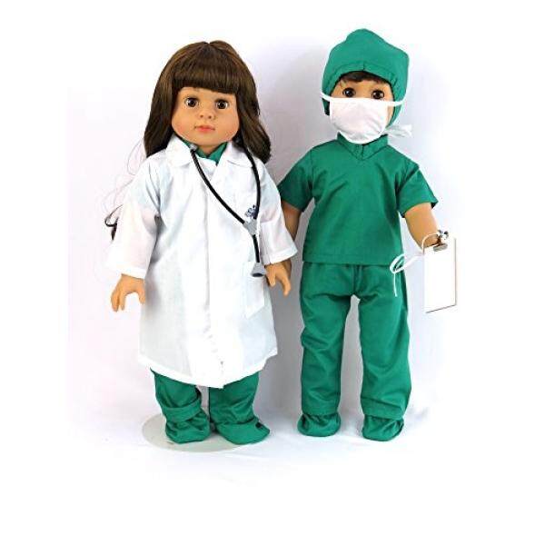 Dokter atau Perawat 7 PC Set 18 Inci Pakaian Boneka Lengkap dengan Boneka Putih Jas Lab Face Masker, medis Hijau Pelindung Sepatu Topi, Stetoskop, dan Scrub-Intl
