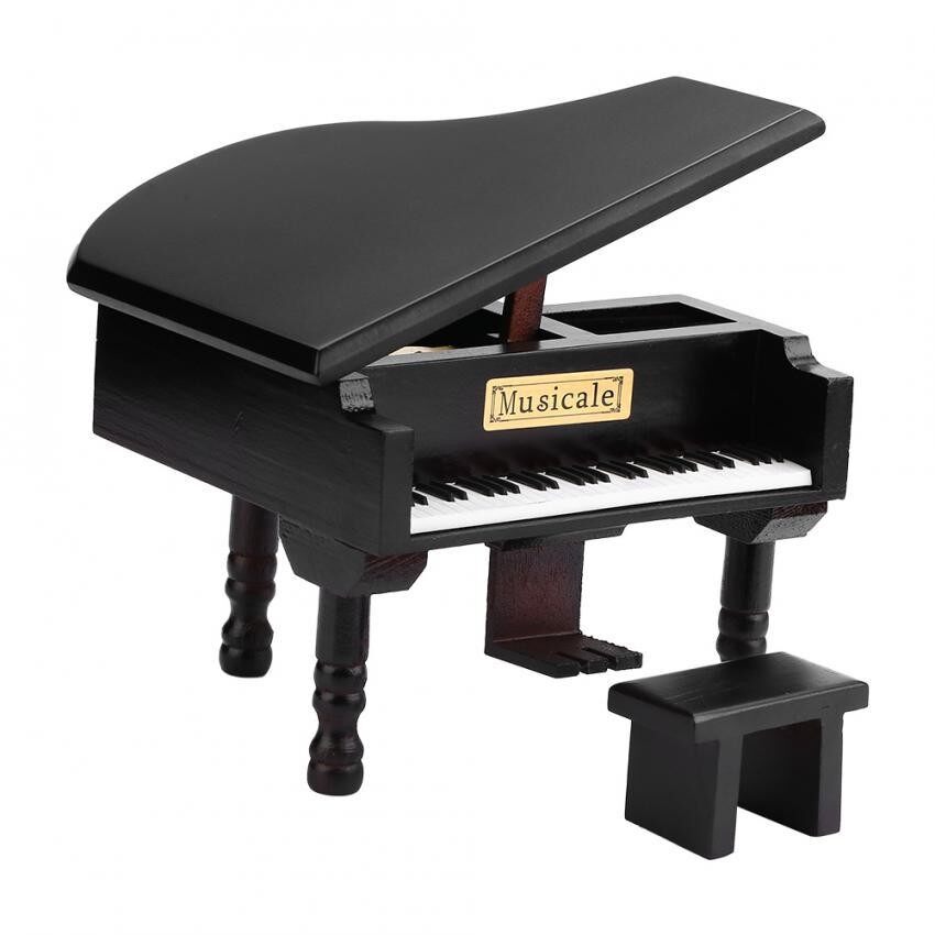 Grand Piano Berbentuk Windup Kayu Musik Kotak dengan Bangku Kecil Kreatif Hadiah Ulang Tahun-Internasional