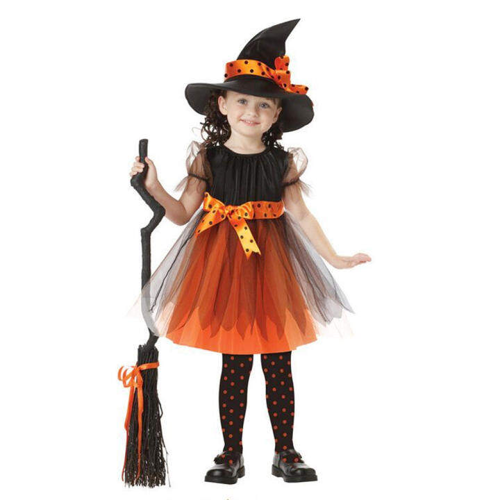 Kid Girls Halloween Costumes Witch Wizard Dress with Hat Halloween Role Play Cosplay Party Dress-up Supplies Yellow 120cm