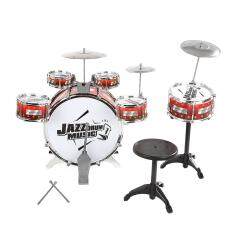 Kids Drums Kit Musical Instrument Toy with Cymbals Stool Christmas Birthday Gift (Red)