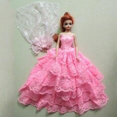 Lanlan 1 PCS Fashion Handmade Senven layer Embroidery Lace Dress With Veil Made To Fit Barbie Doll Clothes Shoes Doll House Accessories Kids Gift Pink