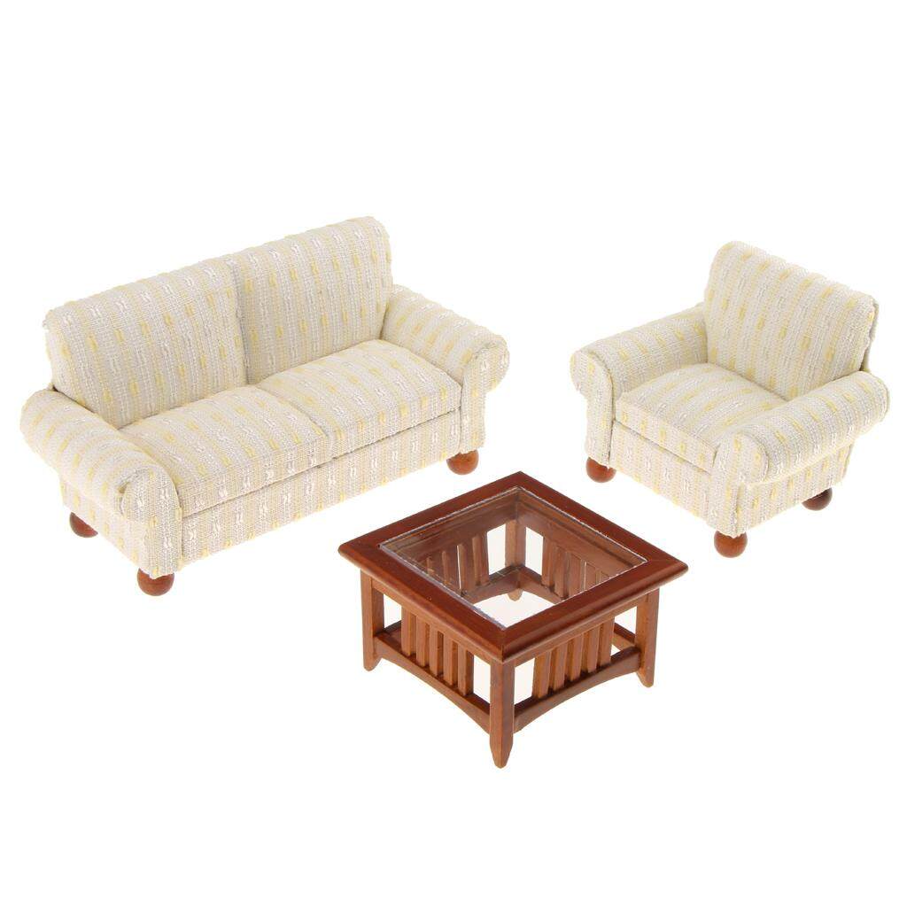 Magideal 1/12 Skala Miniatur Rumah Boneka Furniture Kursi Ruang Keluarga Sofa Set Meja Beige-Intl