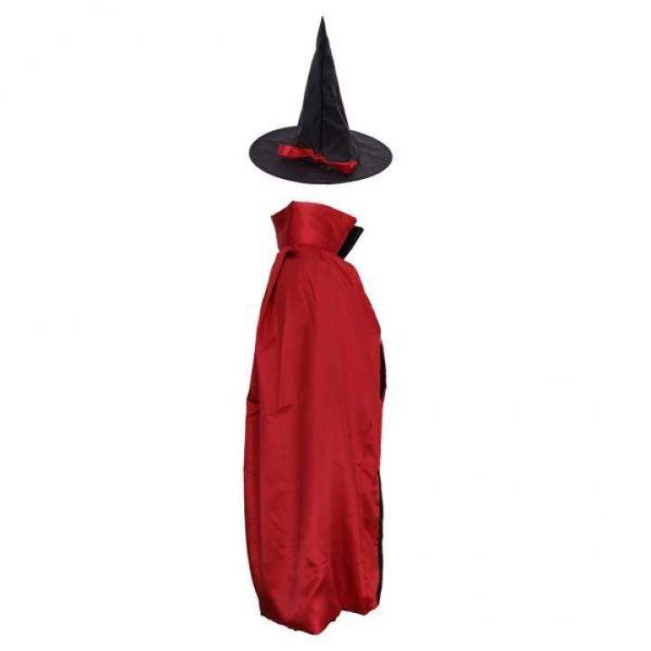MagiDeal Adults Kids Satin Wizard Witch Cloak Cape Hat Halloween Costume 90 cm Red
