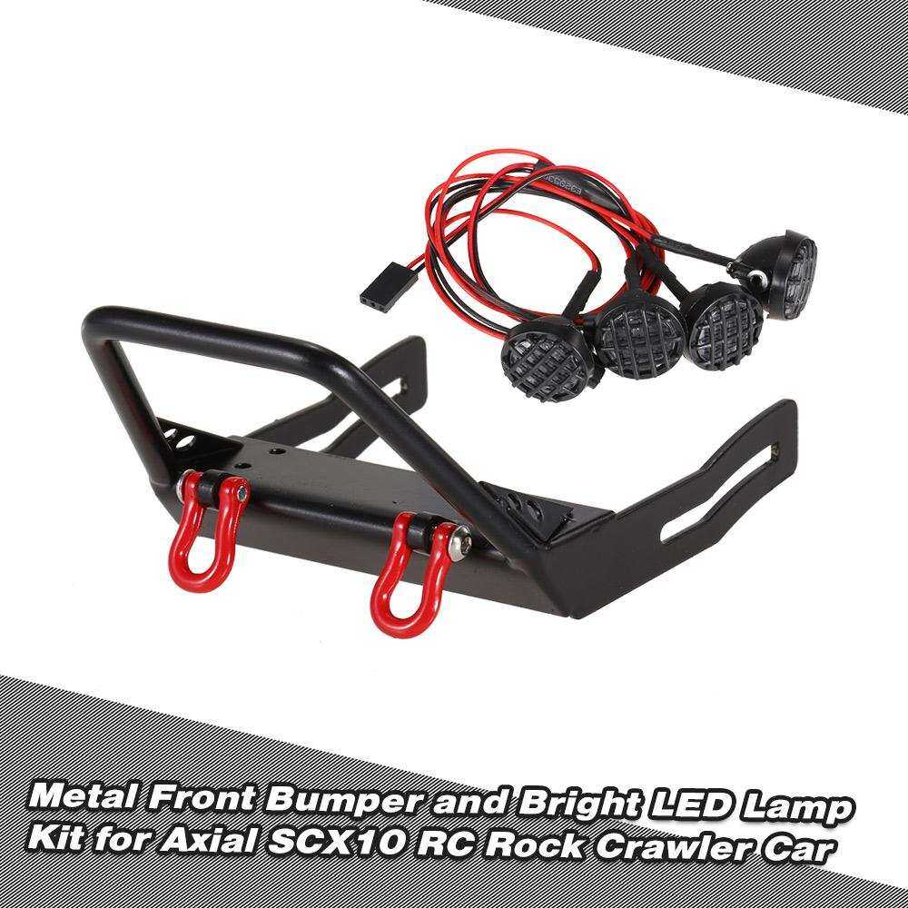 Metal Bumper Depan dengan Kait Derek Belenggu dan Lampu LED Terang Mobil RC Kit D90 RC4WD Rock Aksial 1/10 untuk Crawler SCX10