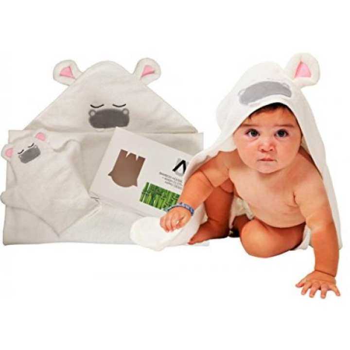 Premium Bamboo Hooded Baby Towel + Washcloth Mitt Set, 2x Thick + Soft+ Absorbent, Perfect Size for Infants,Toddlers, Newborns- Great Baby Shower Gift for Boys and Girls by AMUNIQ