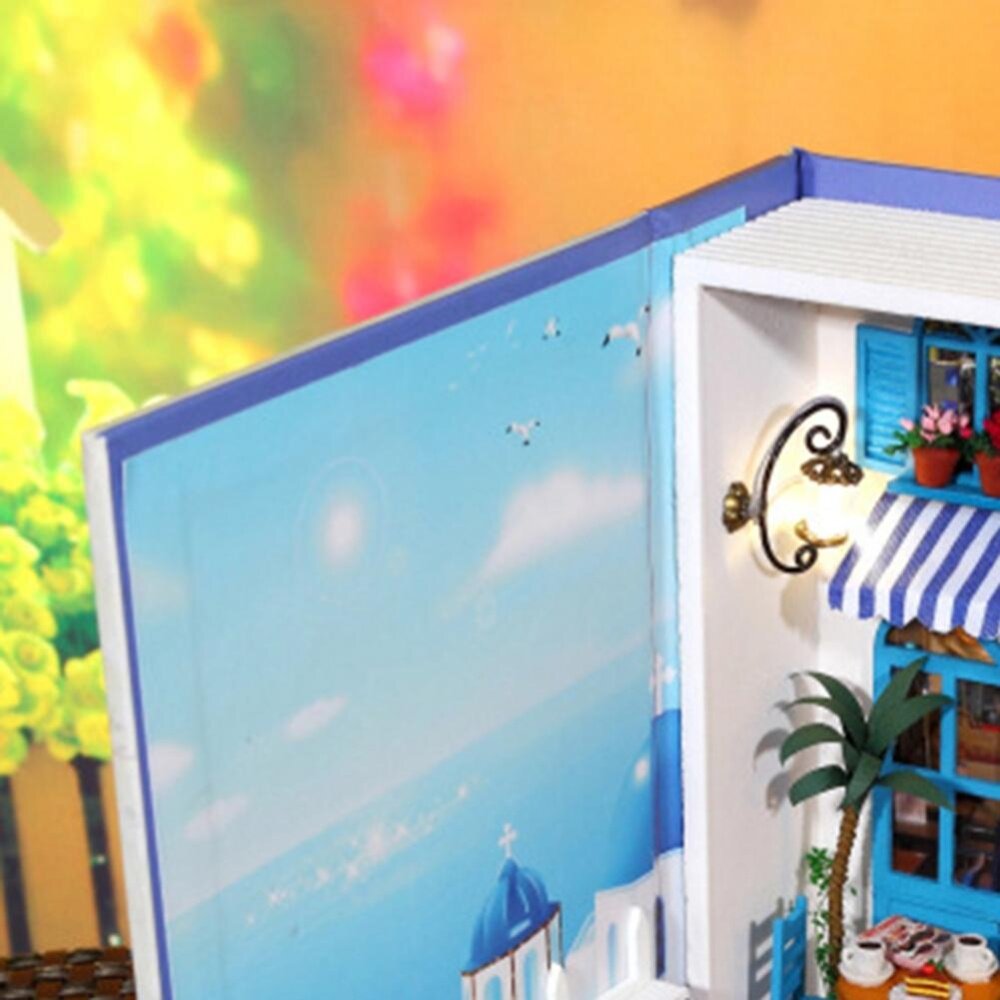 (Musim Panas Vacation Diary) rumah Boneka Miniatur DIY Rumah Buku Wood Lucu Kafe Teh Rumah dengan LED Furniture Perlengkapan-Internasional