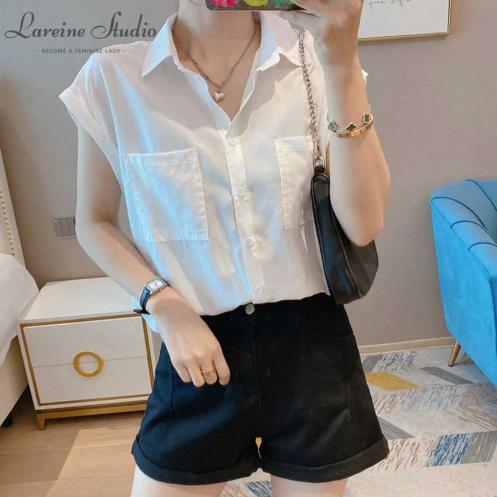 LAREINE Sơ Mi Nữ Hàn Quốc thường phong cách Ngắn Tay Áo Cổ LậT Chic màu trơn cỡ lỡn áo hàng đầu