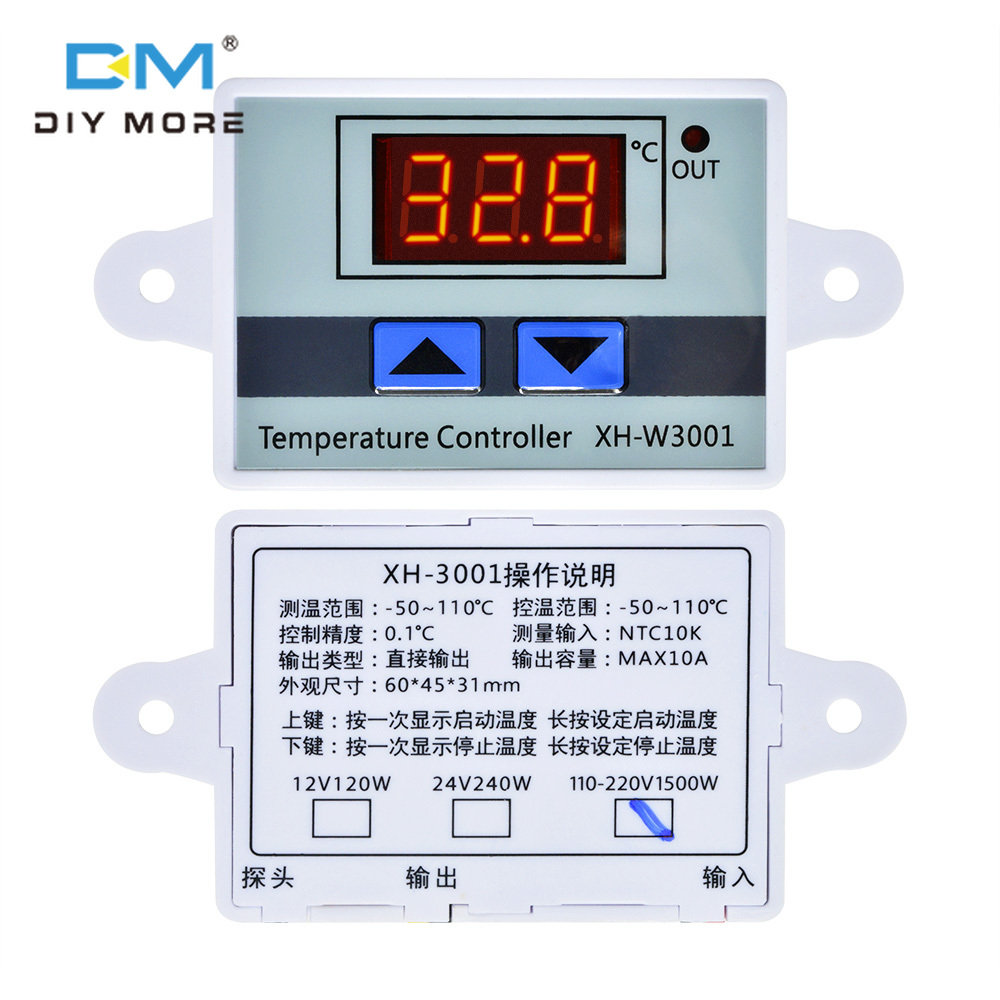 diymore W3001 Bộ điều khiển nhiệt độ kỹ thuật số Bộ điều nhiệt LED AC 110-220V Cảm biến NTC10K với tủ ấm đầu dò chuyển đổi