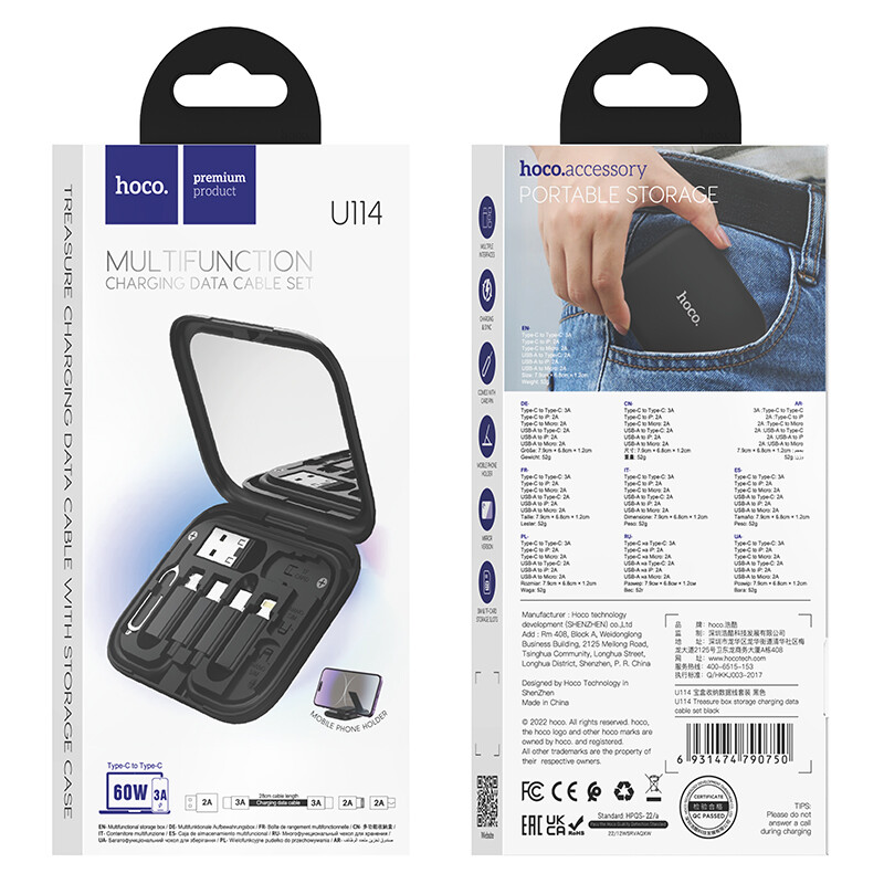 HOCO Charging Set 3A Type C to Type-C Fast charge Cable with Micro to Type-c / Lightning to Type-c / USB to Type-c adapter and Mobile phone Card pin Contain on holder box for Android / iOS Laptop