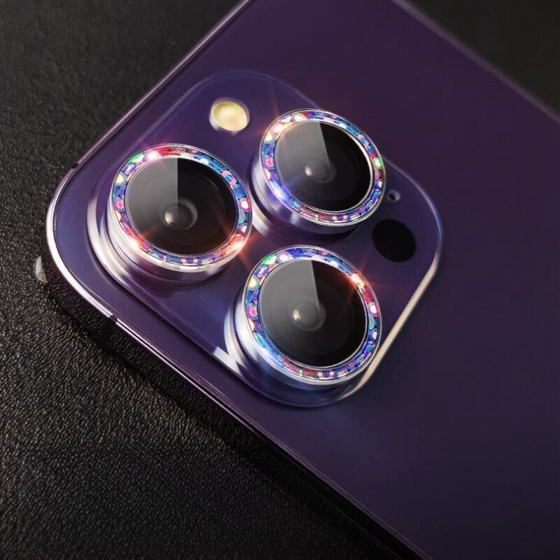 Kingzalin Single Lap Bling Diamond Camera Lens Protector For iPhone 14 Pro Max 14 Plus 13 Mini 12 Pro Max Sparkling Metal HD Tempered Glass Lens Film For iPhone Series