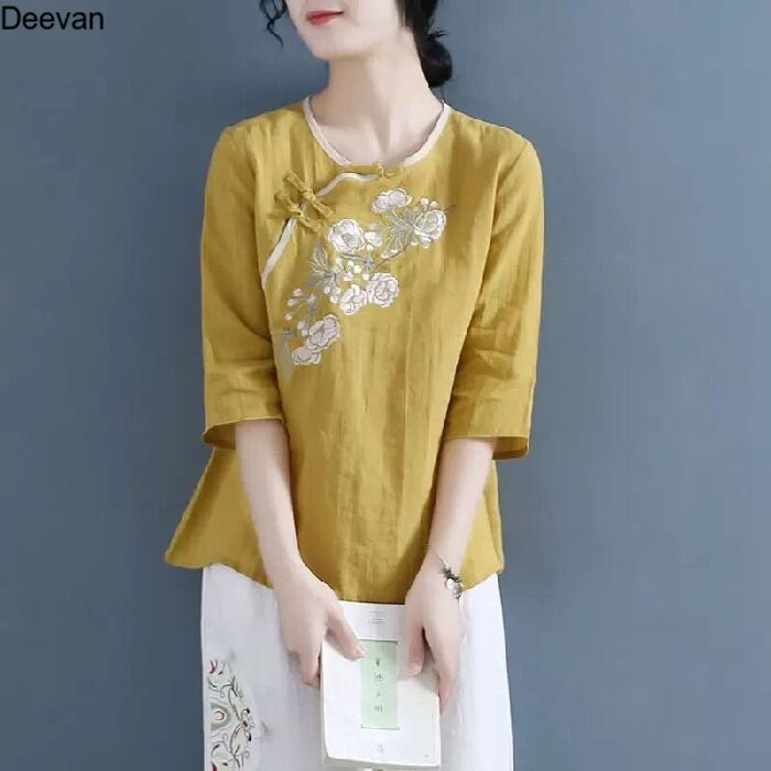 Deevan haqiáo thuần mẫu trẻ trung phong cách trung quốc mẫu mỏng mùa hè hán phục cách tân trang phục thiền trang phục trà thiền văn nghệ áo kiểu trung quốc nữ
