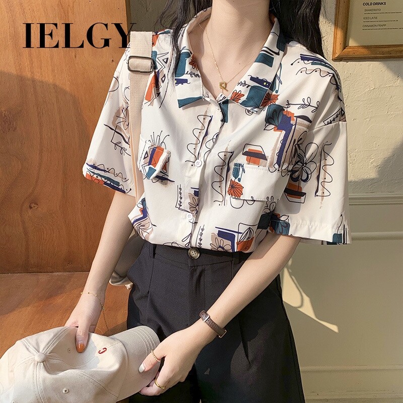 IELGY short-sleeved shirt female summer shirt sunscreen shirt top fashion wild shirt female retro