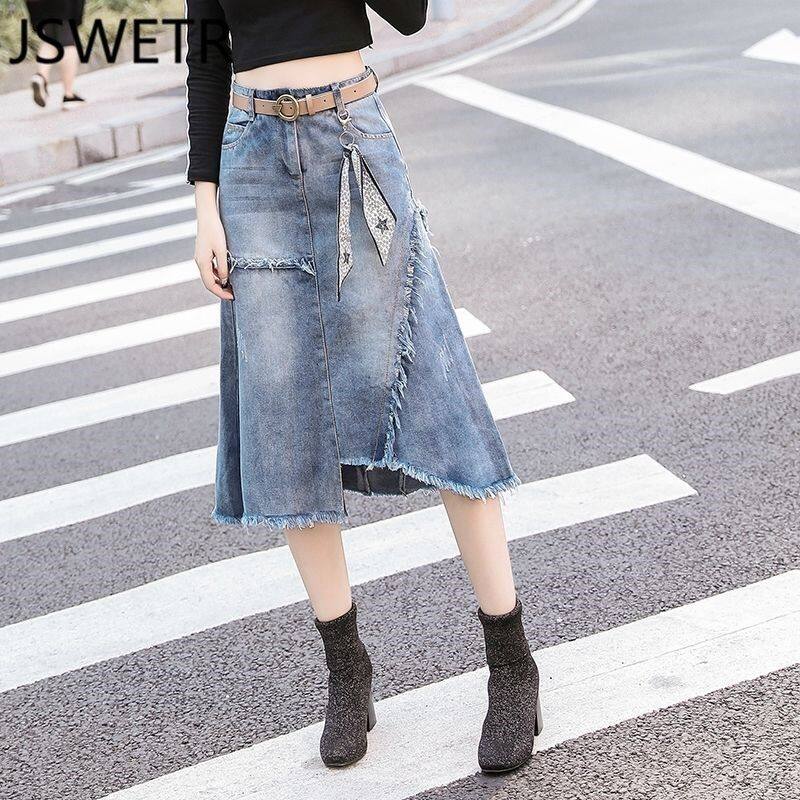 TYCOON Denim Skirt 2020 Spring and Summer New Fashion Korean Style Denim Skirt Female Irregular A-line Package Hip Skirt Mid-length High-waisted Large Size Slim Denim Skirt