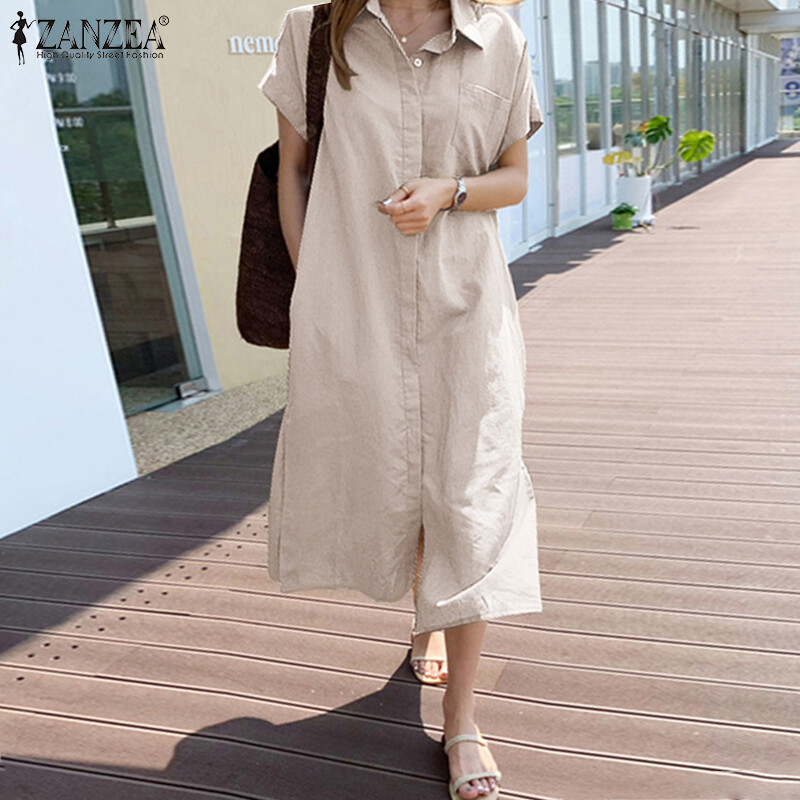ZANZEA Korean Style Women Short Sleeve Lapel Button Down Shirt Dress Cotton Plain Midi Sundress
