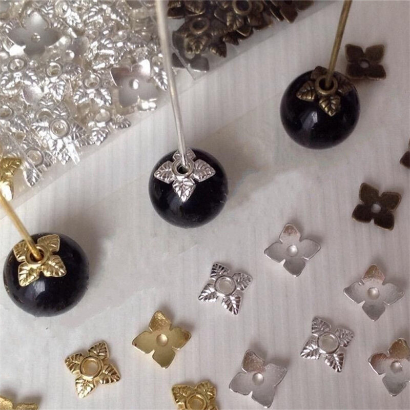 100Pcs Tibetan Silver / Gold Tone Alloy 4 Leaf Bead Caps for Necklace Bracelet Jewelry Making Findings 6mm Beads DIY Craft