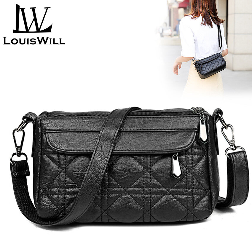 LouisWill Women Shoulder Bag Washed soft leather shoulder bags embossed diamond double-layer shoulder bags Large-capacity waterproof wear-resistant Women Shoulder Bag
