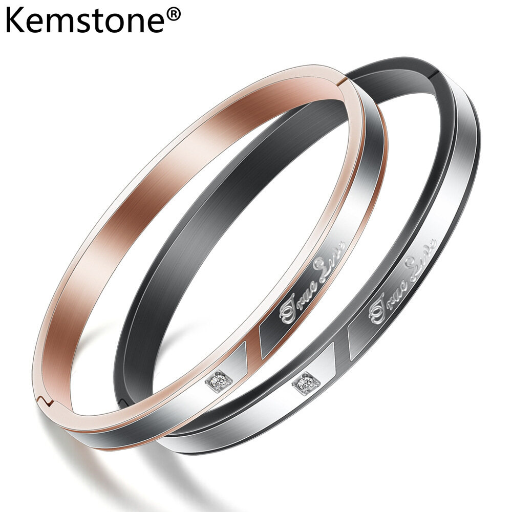 Kemstome Fashion Black/Rose Gold Stainless Steel True Love Couple Bracelets for Men Women