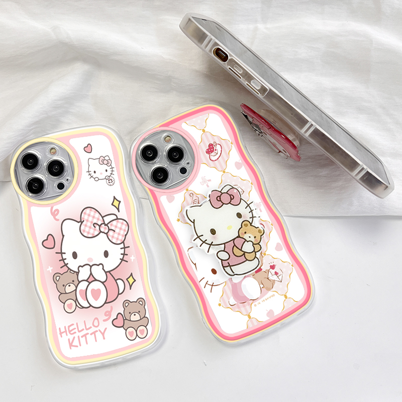 (With Free Holder) Jizetin Phone Casing For Xiaomi Redmi Note 10 Note 10S Note 10 Pro Note 10 5G Note 9 Note 8 Fashion Soft Wavy Phone Case Hello Kity Cat Cartoon Shockproof Cellphone Casing Full Cover Camera Protection