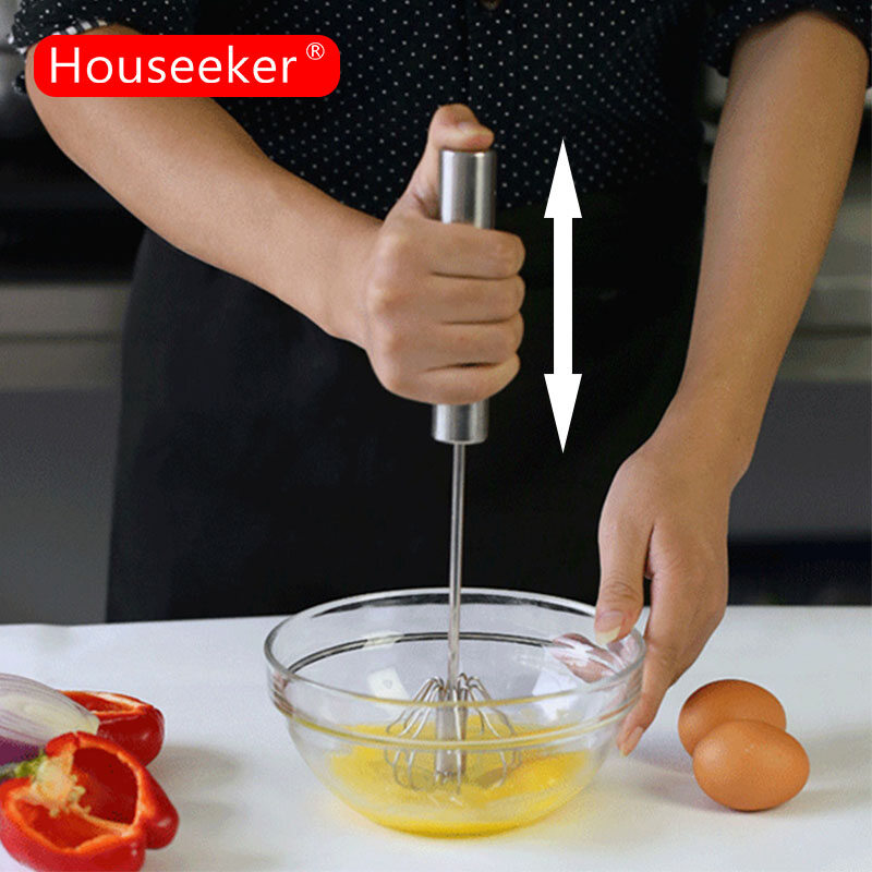 Houseeker Semi-automatic Egg beater Manual Self Turning Stainless Steel Whisk Hand Mixer Self Turning Home Kitchen Tools