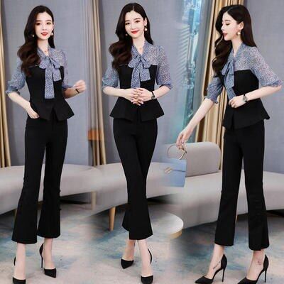 Yushu 2022 Summer Office Fashion Two Piece Women Sets Printed Bow Spliced Tops + Flare Pants Outfits Korean Workwear Ladies 2 Pcs Sets