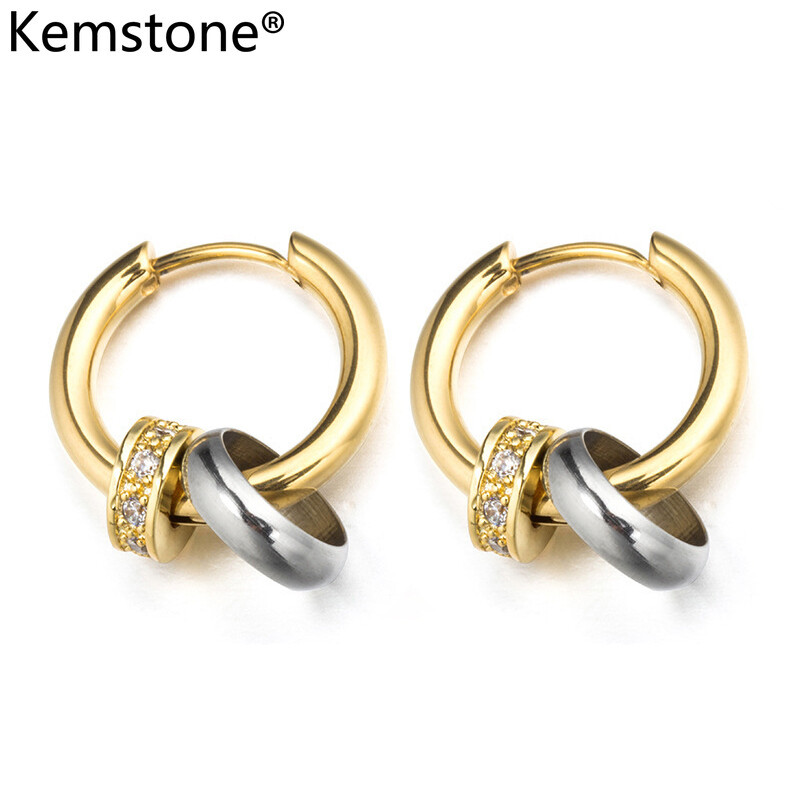 Kemstone Fashion 12MM Stainless Steel Silver Gold Zircon Hoop Earrings for Men Women