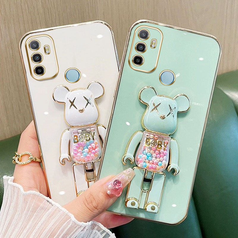 YBD 3D Candy Bear Bracket Phone Case For OPPO A53 A33 A32 High End Soft Silicone Material(Bracket Can Rotate)